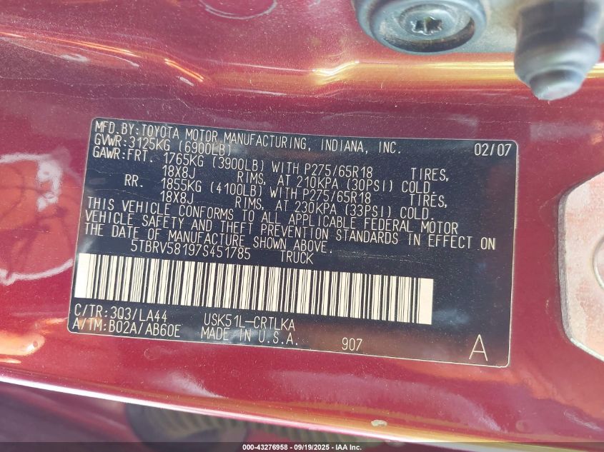 2007 Toyota Tundra Limited 5.7L V8 VIN: 5TBRV58197S451785 Lot: 43276958