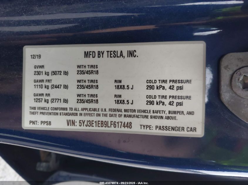 2020 Tesla Model 3 Long Range Dual Motor All-Wheel Drive VIN: 5YJ3E1EB9LF617448 Lot: 43276974