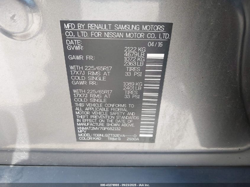 2016 Nissan Rogue Sv VIN: KNMAT2MV7GP682132 Lot: 43276985