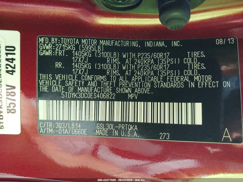 2014 Toyota Sienna Xle V6 8 Passenger VIN: 5TDYK3DC0ES406822 Lot: 43277009