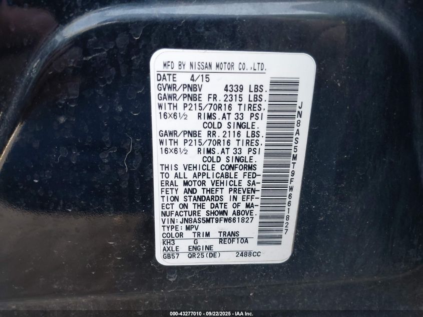 2015 Nissan Rogue Select S VIN: JN8AS5MT9FW661827 Lot: 43277010