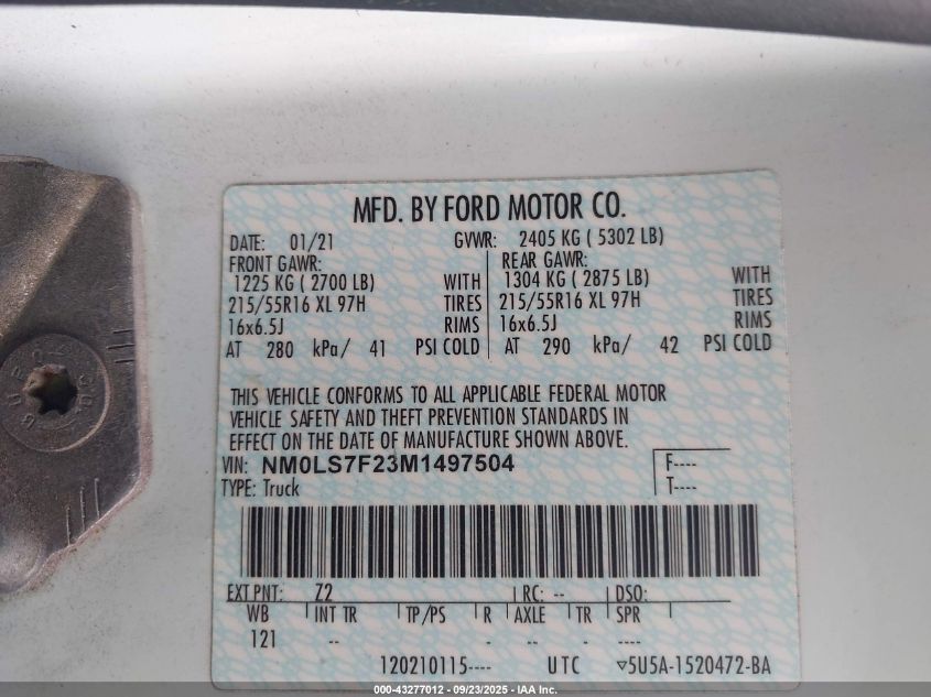 2021 Ford Transit Connect Xlt VIN: NM0LS7F23M1497504 Lot: 43277012