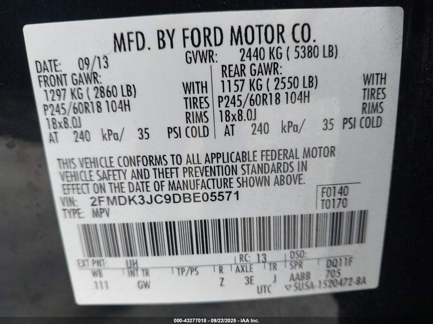 2FMDK3JC9DBE05571 2013 FORD EDGE photo no. 9