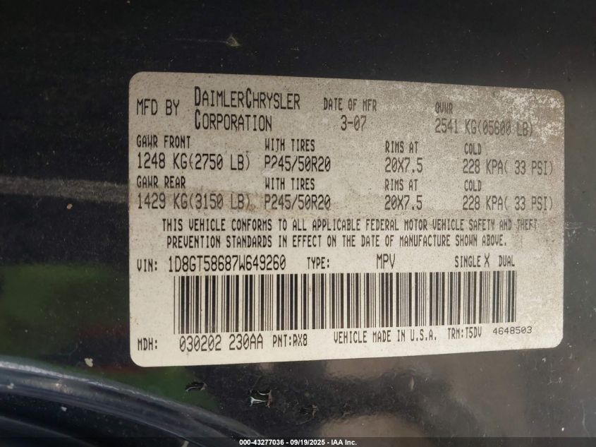 2007 Dodge Nitro Slt/Rt VIN: 1D8GT58687W649260 Lot: 43277036