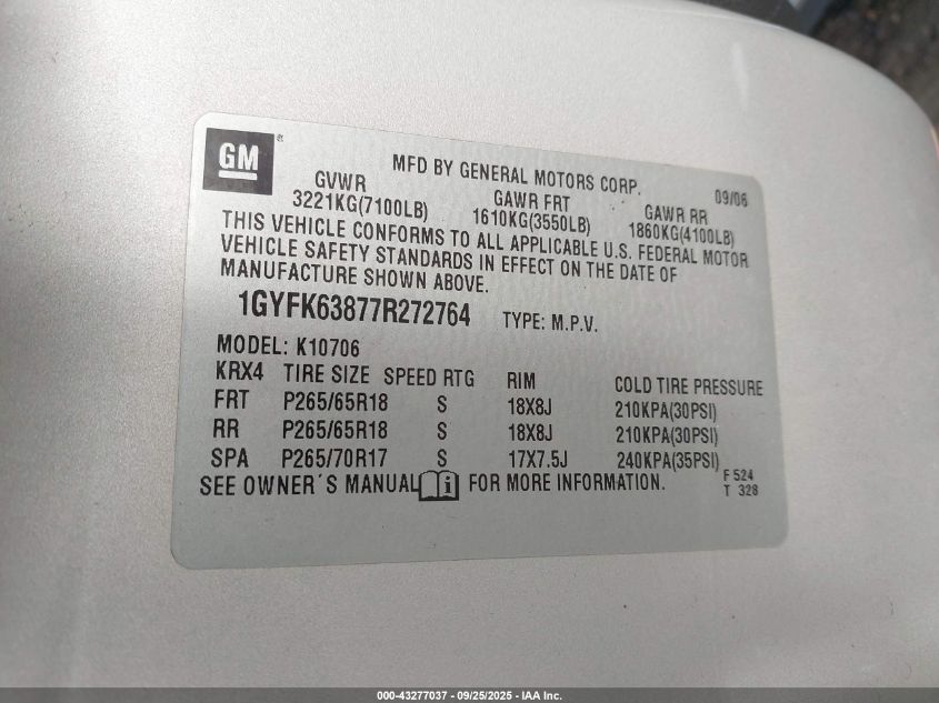 2007 Cadillac Escalade Standard VIN: 1GYFK63877R272764 Lot: 43277037