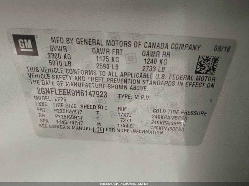 2017 Chevrolet Equinox Ls VIN: 2GNFLEEK9H6147923 Lot: 43277041