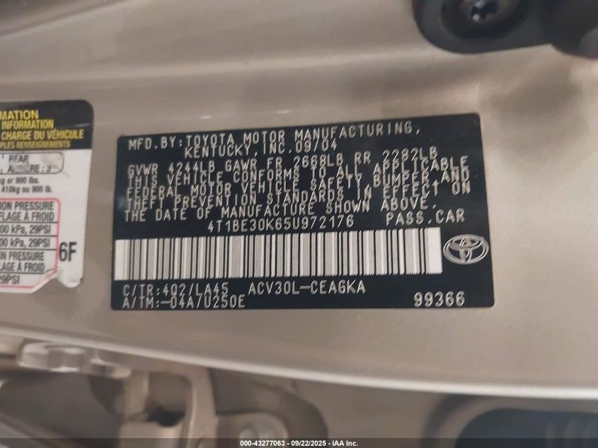 2005 Toyota Camry Xle VIN: 4T1BE30K65U972176 Lot: 43277063