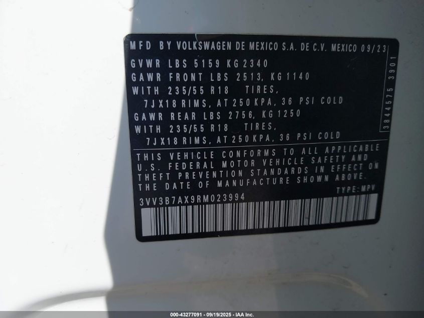 2024 Volkswagen Tiguan 2.0T Se/2.0T Wolfsburg Edition VIN: 3VV3B7AX9RM023994 Lot: 43277091