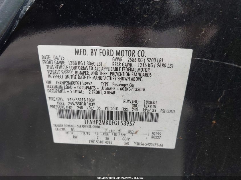 2015 Ford Police Interceptor VIN: 1FAHP2MK0FG153957 Lot: 43277093