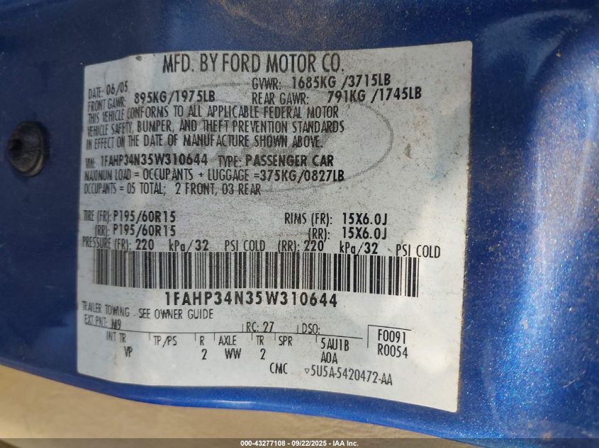 2005 Ford Focus Zx4 VIN: 1FAHP34N35W310644 Lot: 43277108