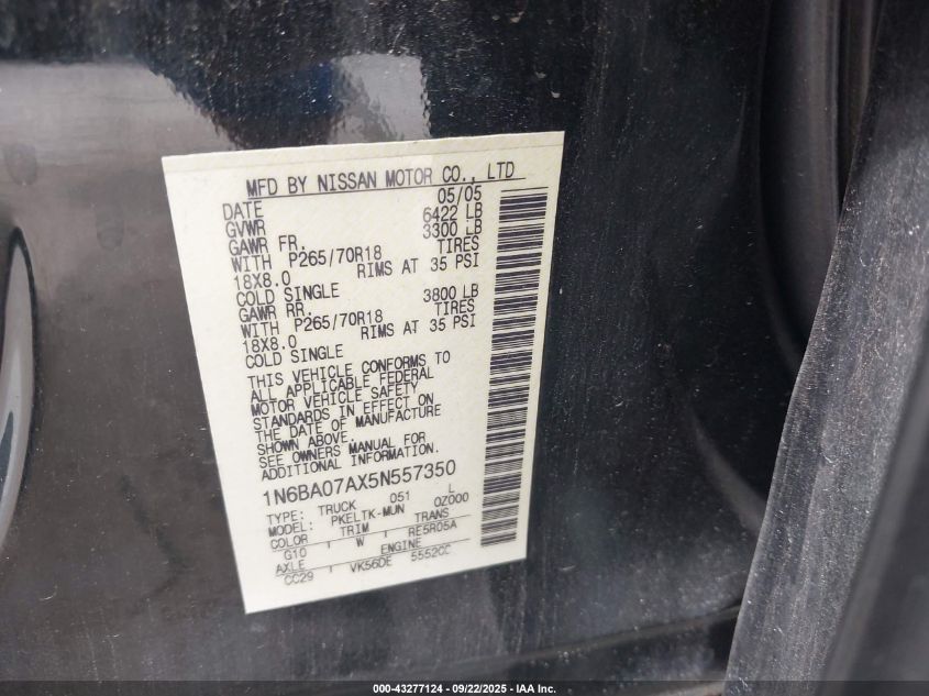 2005 Nissan Titan Se VIN: 1N6BA07AX5N557350 Lot: 43277124