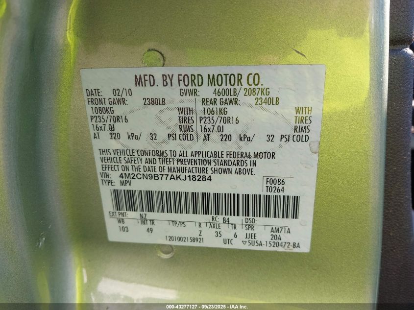 2010 Mercury Mariner VIN: 4M2CN9B77AKJ18284 Lot: 43277127
