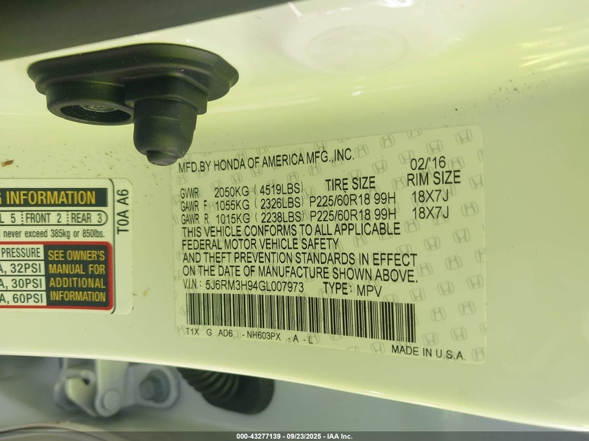 2016 HONDA CR-V TOURING - 5J6RM3H94GL007973