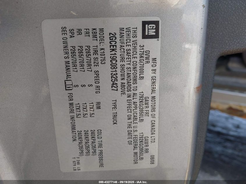 2008 Chevrolet Silverado 1500 Lt1 VIN: 2GCEK19C081325427 Lot: 43277146