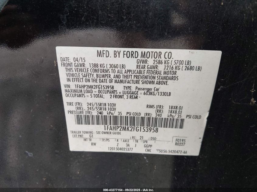 2015 Ford Police Interceptor VIN: 1FAHP2MK2FG153958 Lot: 43277154