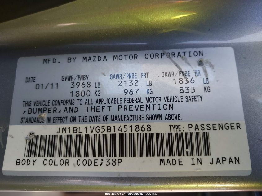 2011 Mazda Mazda3 I Touring VIN: JM1BL1VG5B1451868 Lot: 43277157