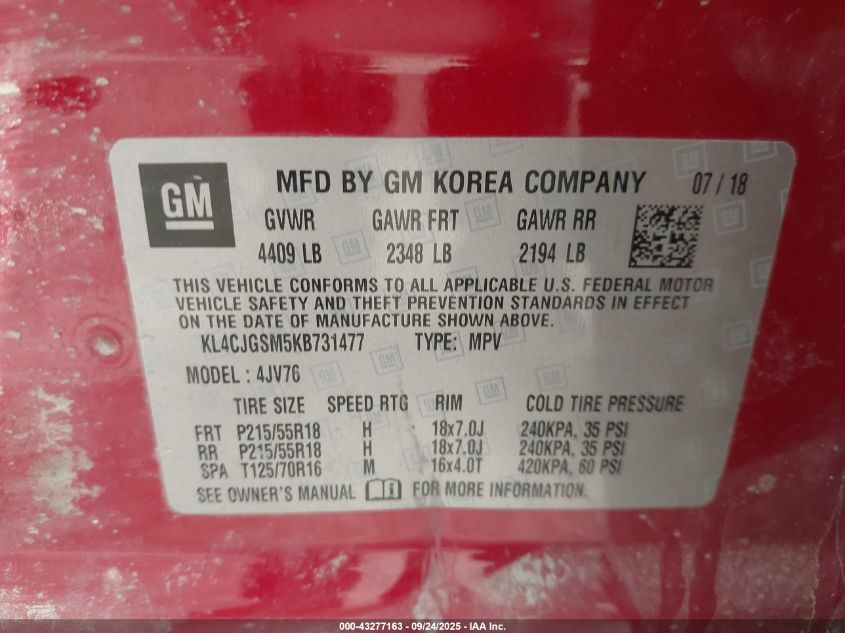 2019 Buick Encore Awd Essence VIN: KL4CJGSM5KB731477 Lot: 43277163