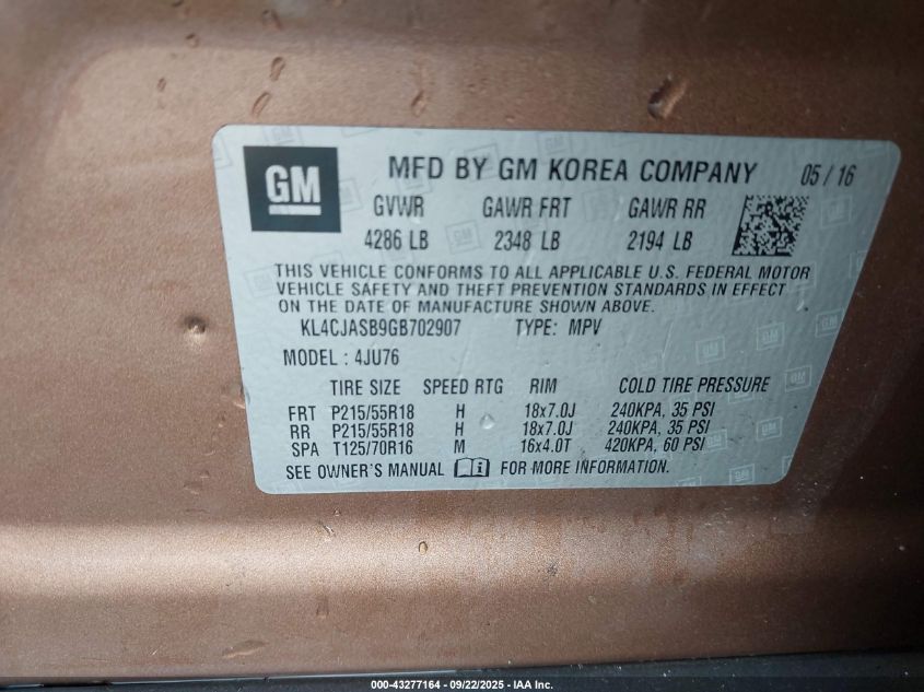 2016 Buick Encore VIN: KL4CJASB9GB702907 Lot: 43277164