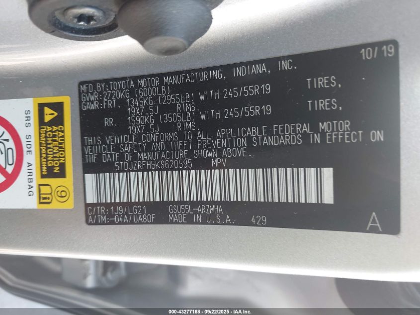 2019 Toyota Highlander Se VIN: 5TDJZRFH5KS620595 Lot: 43277168