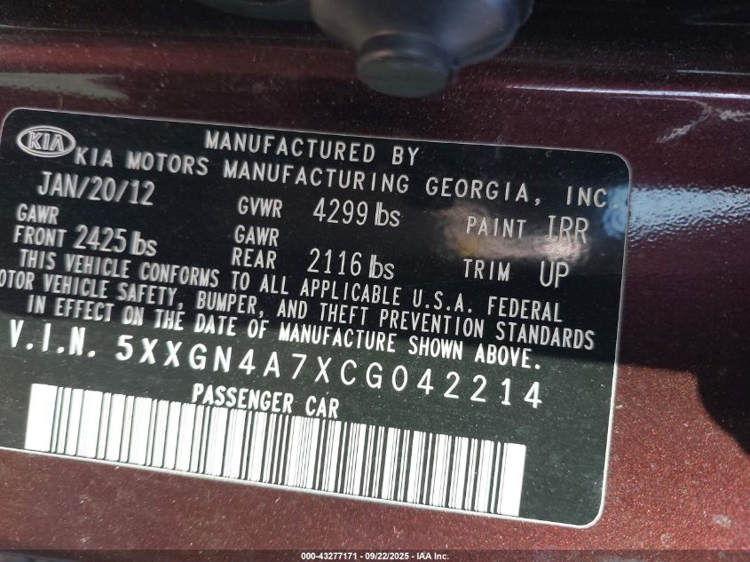 2012 Kia Optima Ex VIN: 5XXGN4A7XCG042214 Lot: 43277171