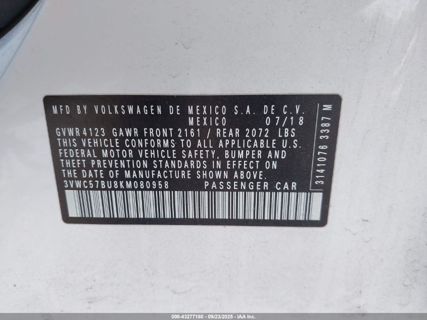 2019 Volkswagen Jetta 1.4T R-Line/1.4T S/1.4T Se VIN: 3VWC57BU8KM080958 Lot: 43277180