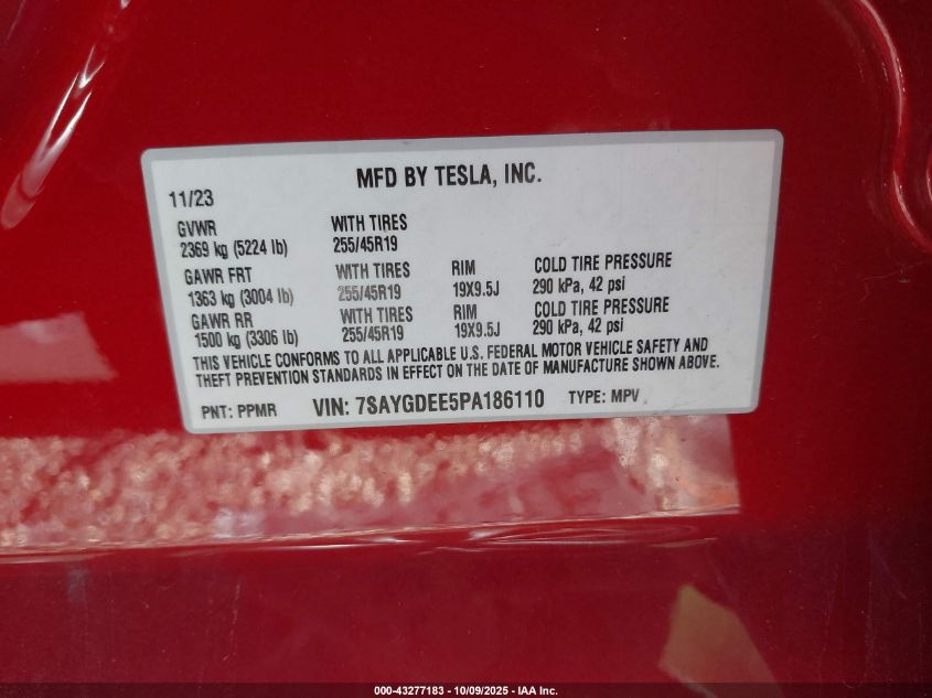 2023 Tesla Model Y Awd/Long Range Dual Motor All-Wheel Drive VIN: 7SAYGDEE5PA186110 Lot: 43277183