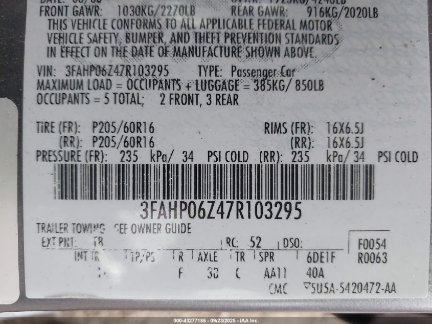 2007 Ford Fusion S VIN: 3FAHP06Z47R103295 Lot: 43277186