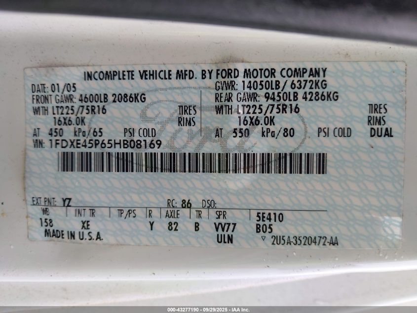 2005 Ford E-450 Cutaway Standard VIN: 1FDXE45P65HB08169 Lot: 43277190