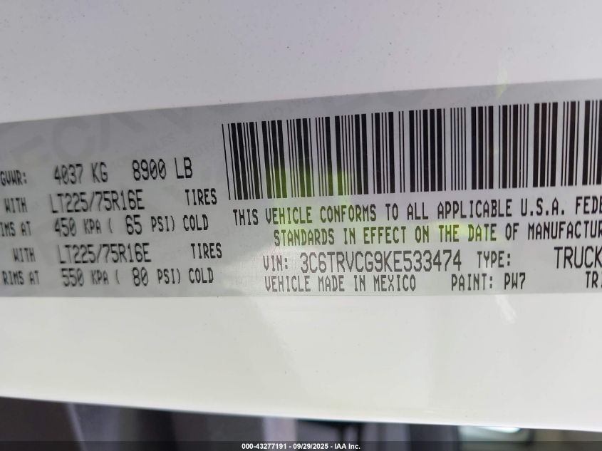 2019 Ram Promaster 2500 High Roof 136 Wb VIN: 3C6TRVCG9KE533474 Lot: 43277191