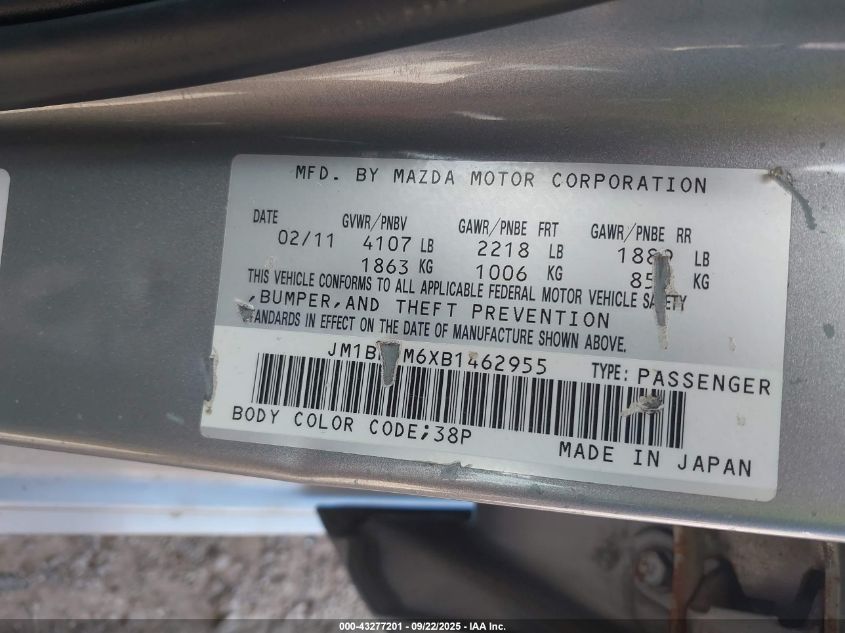 2011 Mazda Mazda3 S Grand Touring VIN: JM1BL1M6XB1462955 Lot: 43277201