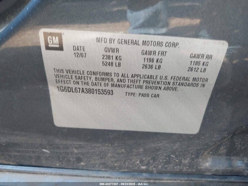 2008 Cadillac Sts V8 VIN: 1G6DL67A380153593 Lot: 43277207