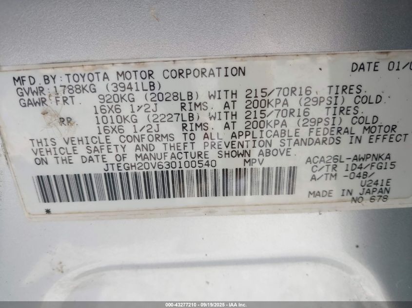 2003 Toyota Rav4 VIN: JTEGH20V630100540 Lot: 43277210