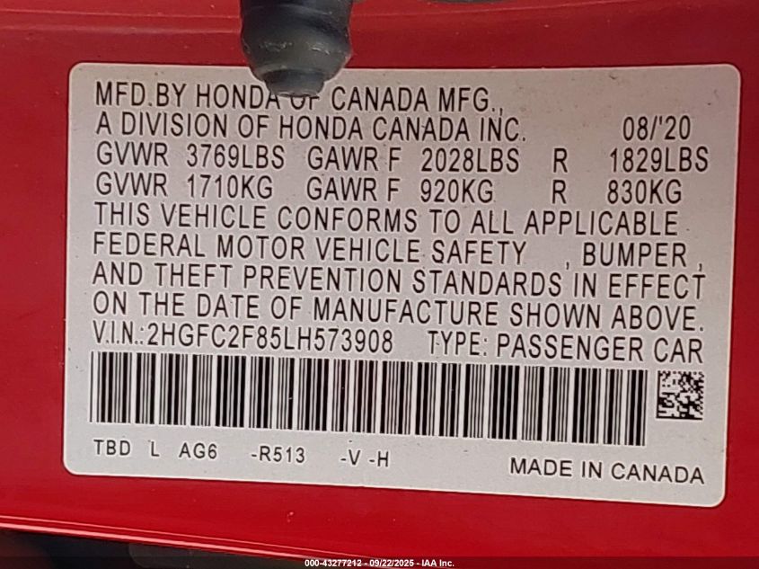 2020 Honda Civic Sport VIN: 2HGFC2F85LH573908 Lot: 43277212