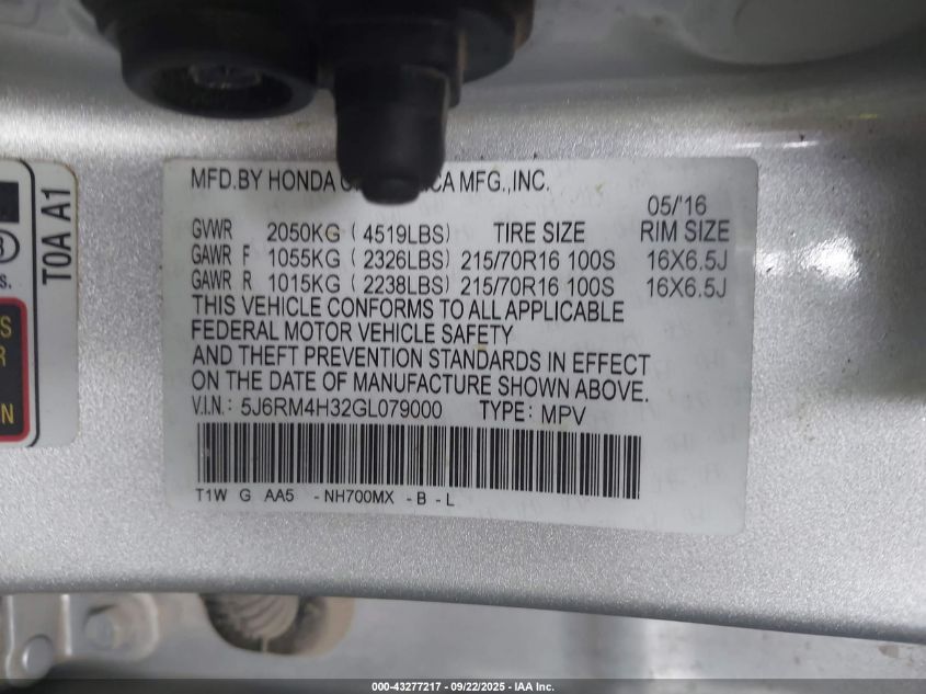 2016 Honda Cr-V Lx VIN: 5J6RM4H32GL079000 Lot: 43277217