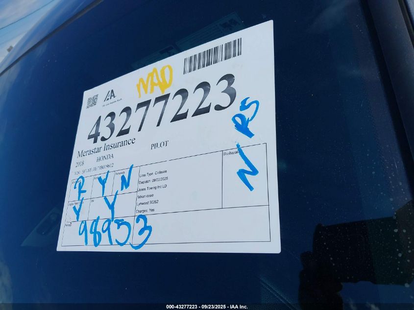 2018 Honda Pilot Ex VIN: 5FNYF5H33JB019612 Lot: 43277223