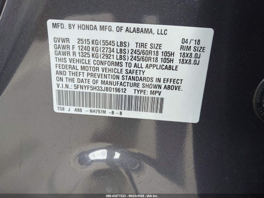 2018 Honda Pilot Ex VIN: 5FNYF5H33JB019612 Lot: 43277223