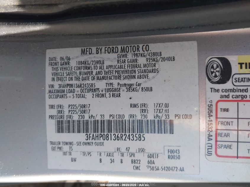 2006 Ford Fusion Sel VIN: 3FAHP08136R243585 Lot: 43277231