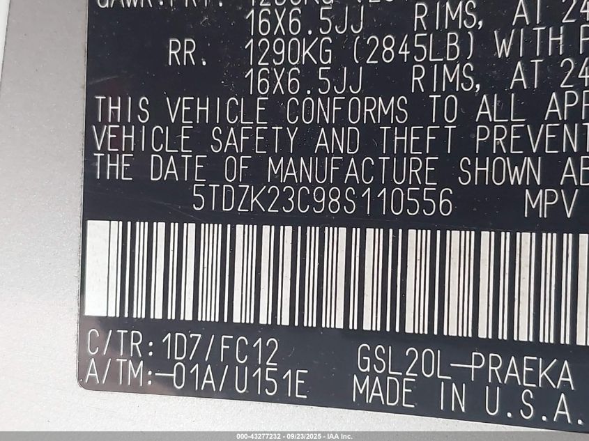 2008 Toyota Sienna Le VIN: 5TDZK23C98S110556 Lot: 43277232