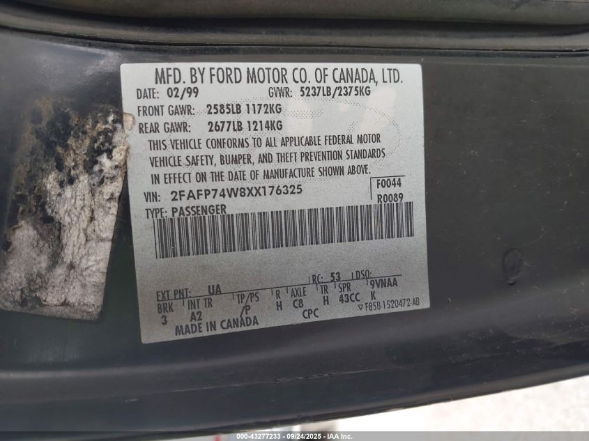 1999 Ford Crown Victoria Lx VIN: 2FAFP74W8XX176325 Lot: 43277233