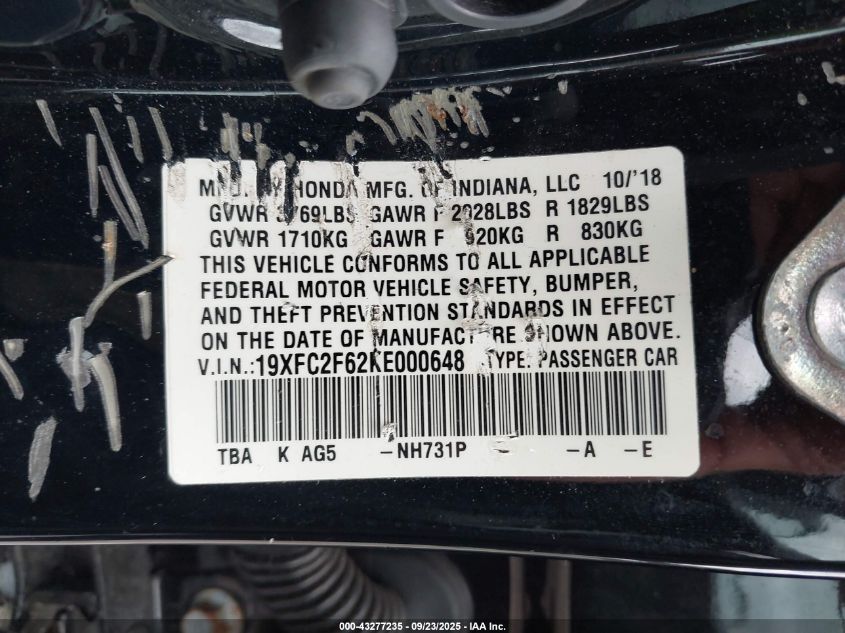 2019 Honda Civic Lx VIN: 19XFC2F62KE000648 Lot: 43277235