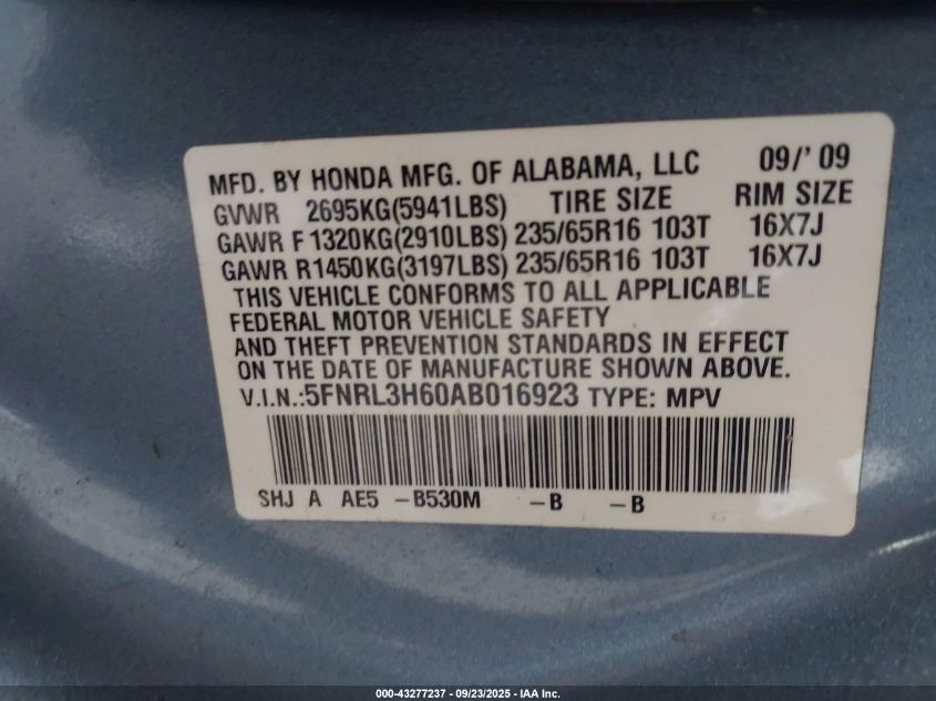 2010 Honda Odyssey Ex-L VIN: 5FNRL3H60AB016923 Lot: 43277237