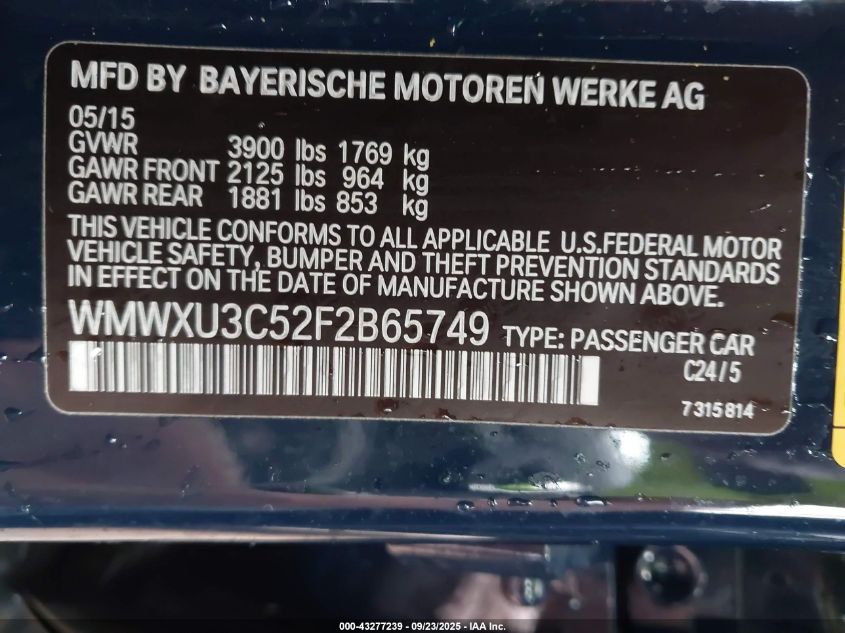 2015 Mini Hardtop Cooper S VIN: WMWXU3C52F2B65749 Lot: 43277239