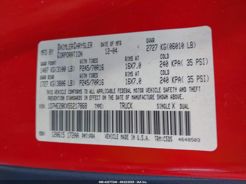 2005 Dodge Dakota St VIN: 1D7HE28KX5S217868 Lot: 43277240