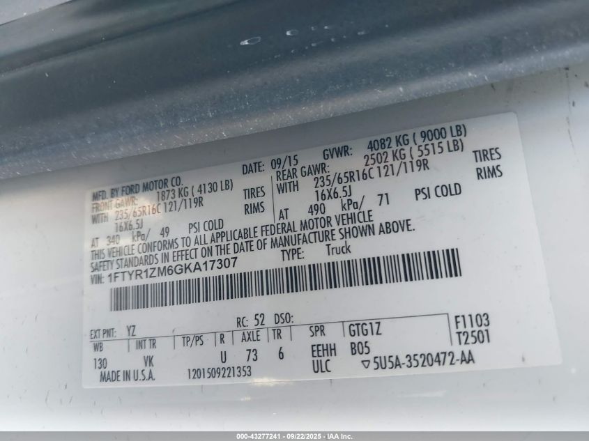 2016 Ford Transit-250 VIN: 1FTYR1ZM6GKA17307 Lot: 43277241