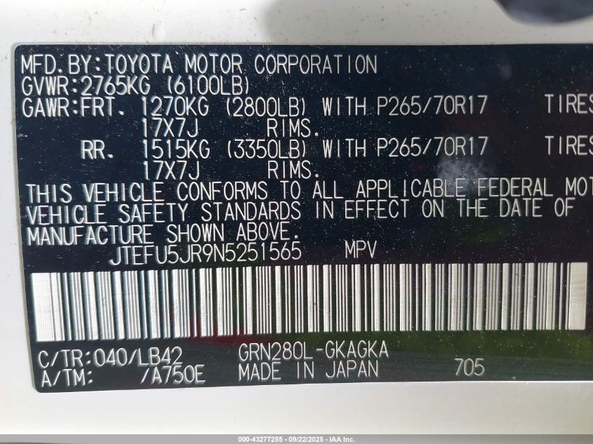 2022 Toyota 4Runner Sr5 Premium VIN: JTEFU5JR9N5251565 Lot: 43277255