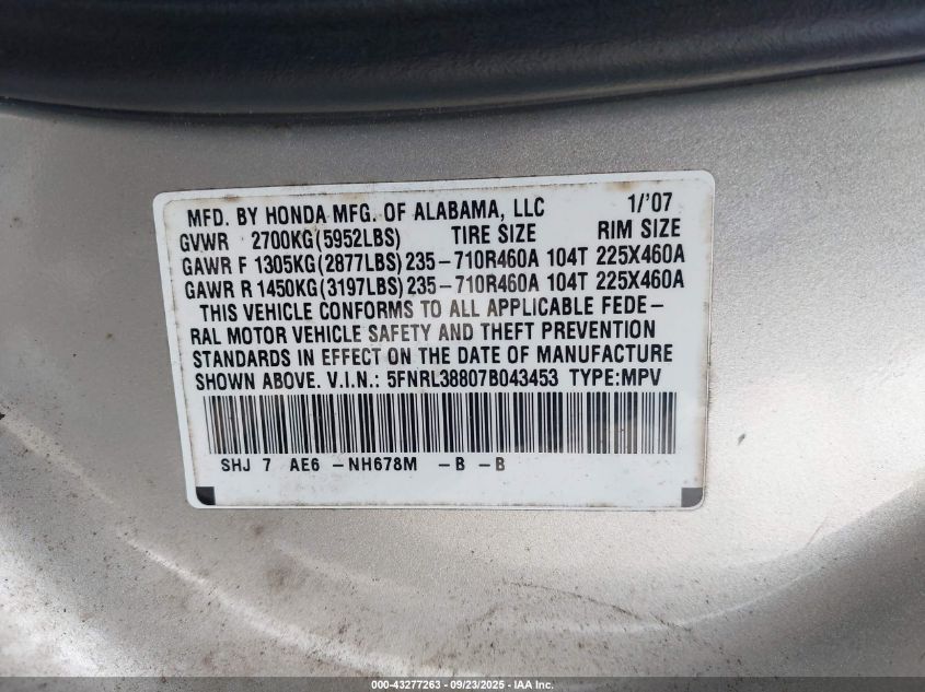 2007 Honda Odyssey Touring VIN: 5FNRL38807B043453 Lot: 43277263