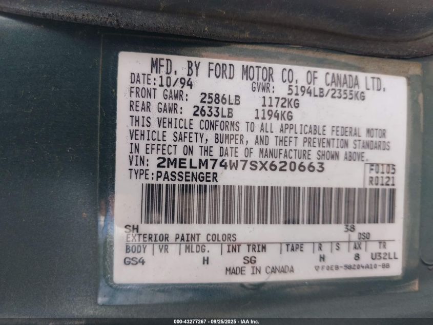 1995 Mercury Grand Marquis Gs VIN: 2MELM74W7SX620663 Lot: 43277267