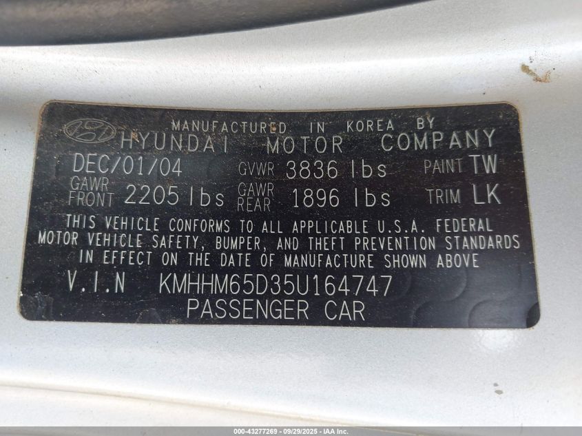 2005 Hyundai Tiburon Gs VIN: KMHHM65D35U164747 Lot: 43277269