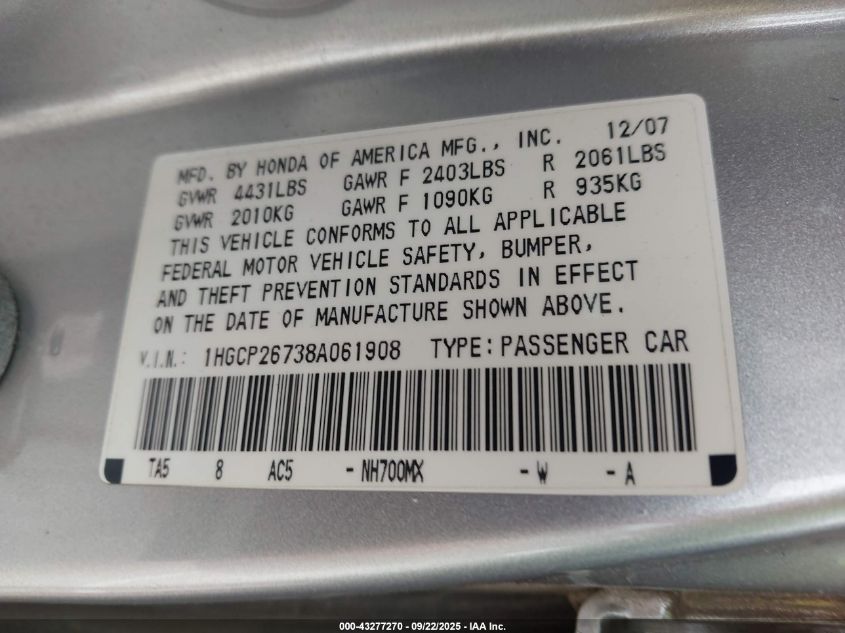 2008 Honda Accord 2.4 Ex VIN: 1HGCP26738A061908 Lot: 43277270