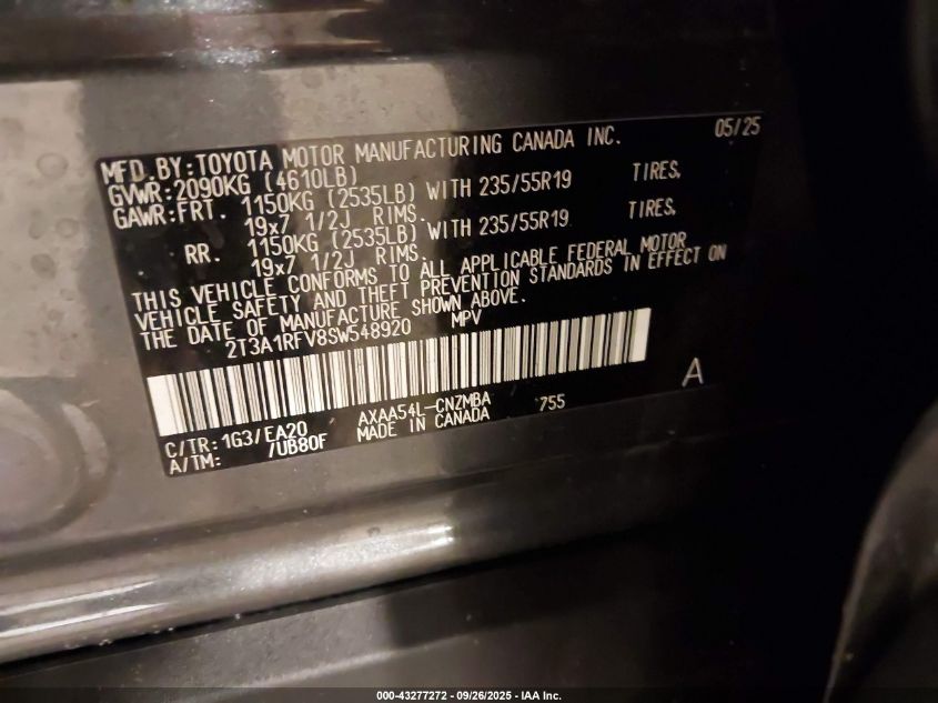 2025 Toyota Rav4 Xle Premium VIN: 2T3A1RFV8SW548920 Lot: 43277272